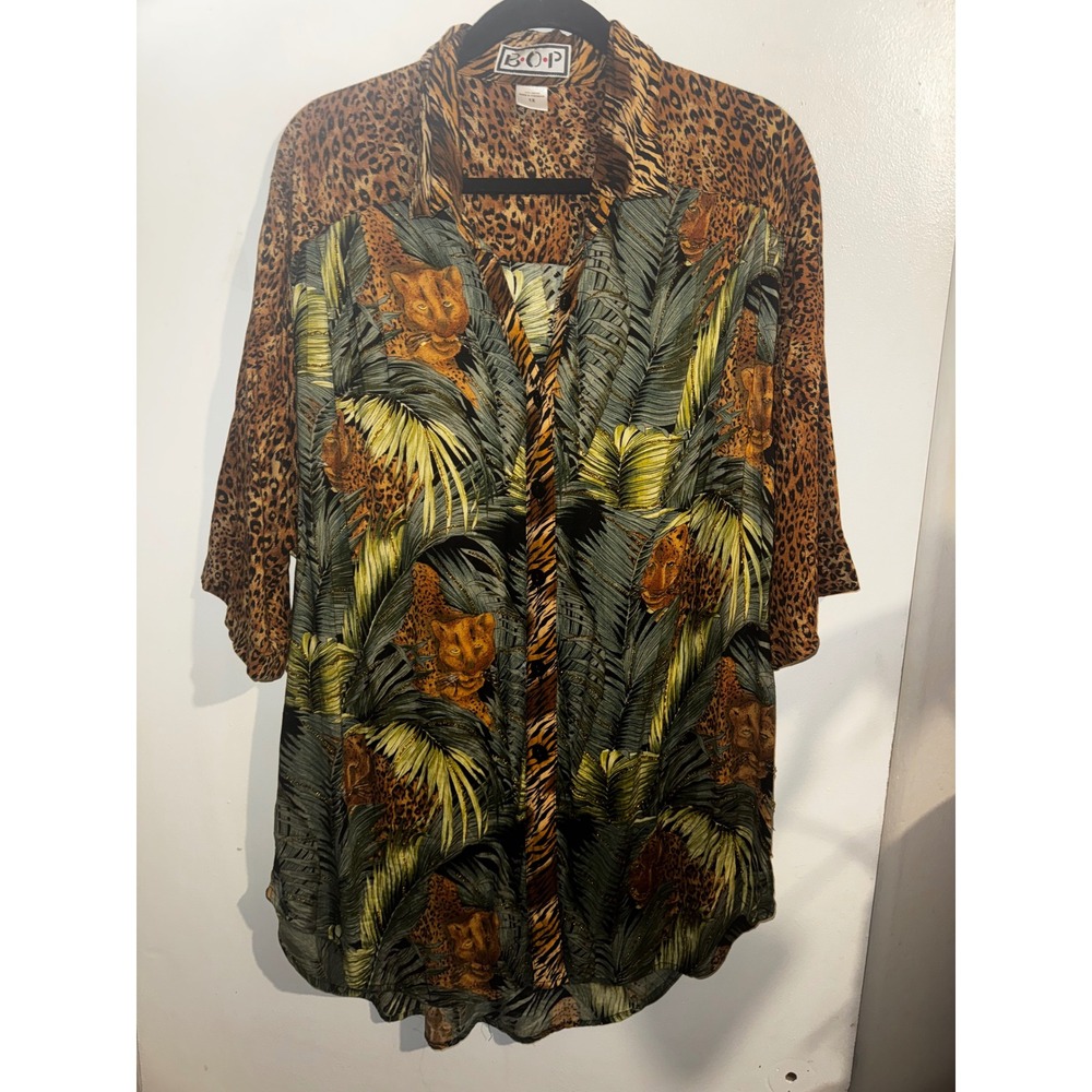Vtg 90s B.O.P. Leopard Jungle Print Beaded Rayon Shirt 1X Animal Mix FLAW